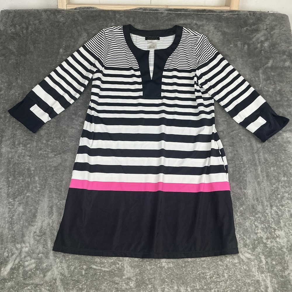 Talbots Women's Black White Stripe Pockets Split Neck Stretch Swim Tunic Size L